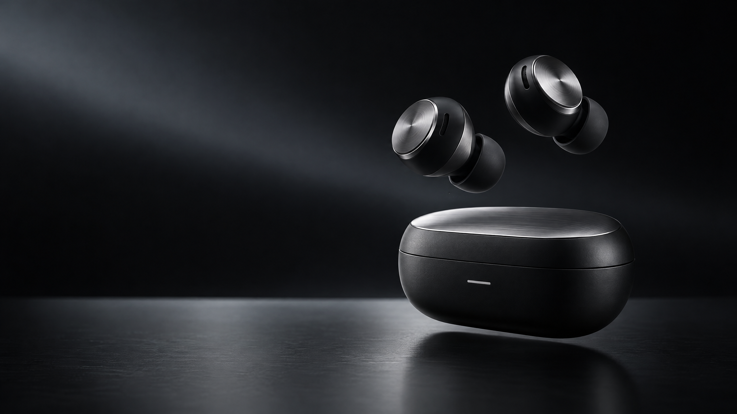 Earbuds premium pretos SONIC Pro em composição de estúdio